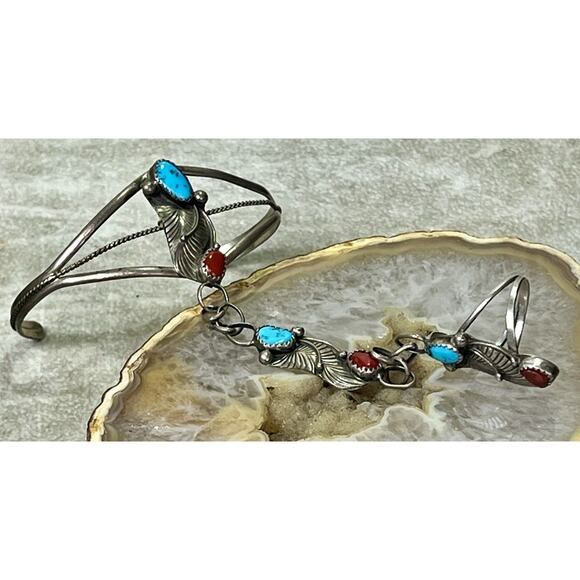 VTG Native American Slave Cuff Bracelet Ring Coral Turquoise on Sterling Silver - Picture 6 of 16